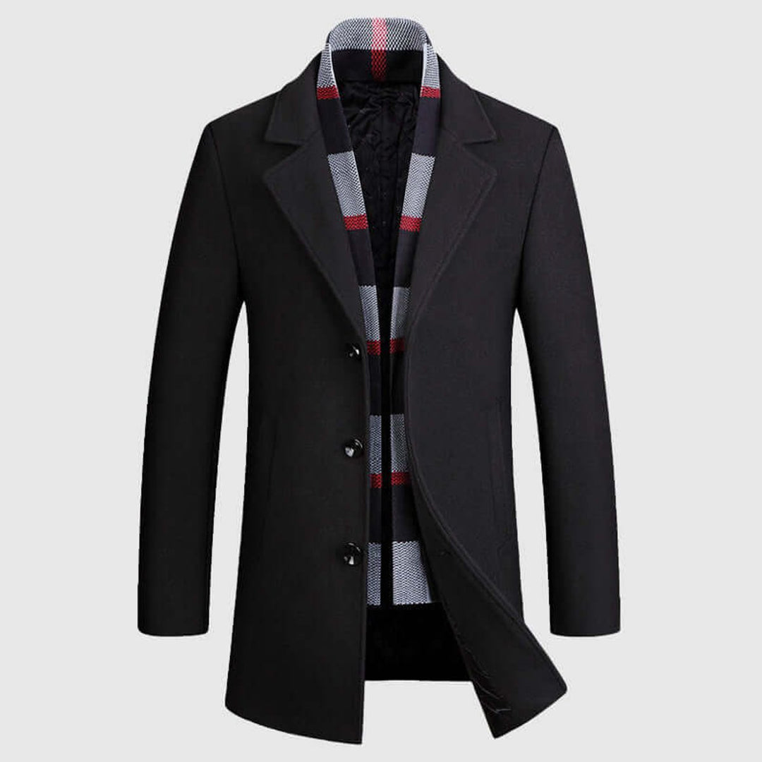 Theo | Mens Notch Lapel Wool-Blend Overcoat Scarf-Lined Winter Jacket