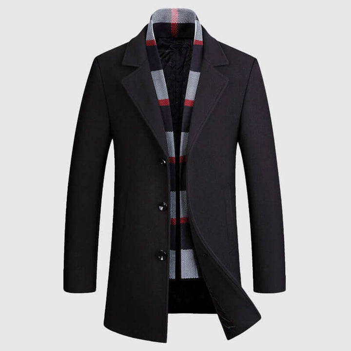 Theo | Mens Notch Lapel Wool-Blend Overcoat Scarf-Lined Winter Jacket