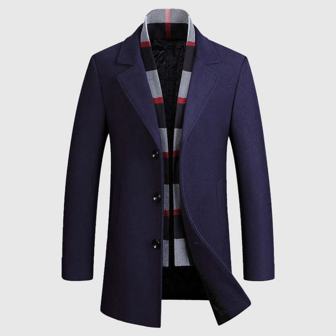 Theo | Mens Notch Lapel Wool-Blend Overcoat Scarf-Lined Winter Jacket
