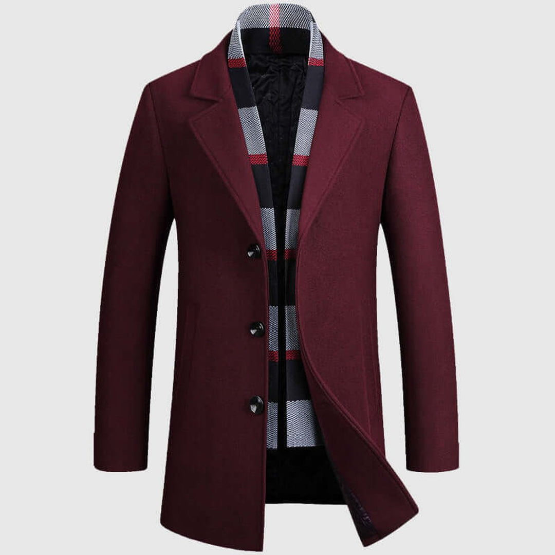Theo | Mens Notch Lapel Wool-Blend Overcoat Scarf-Lined Winter Jacket