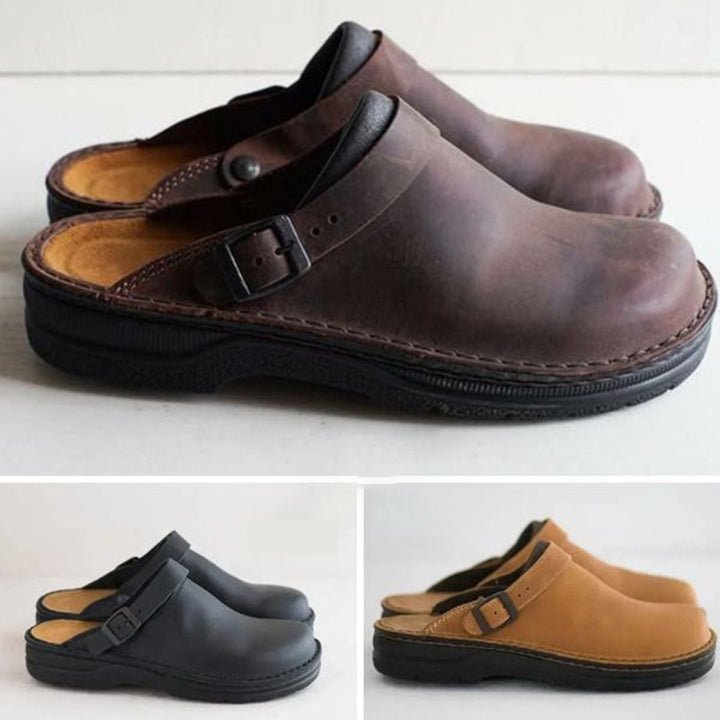 Thomas | Men's Leather Clogs Orthopaedic Footbed Buckle Strap Mules