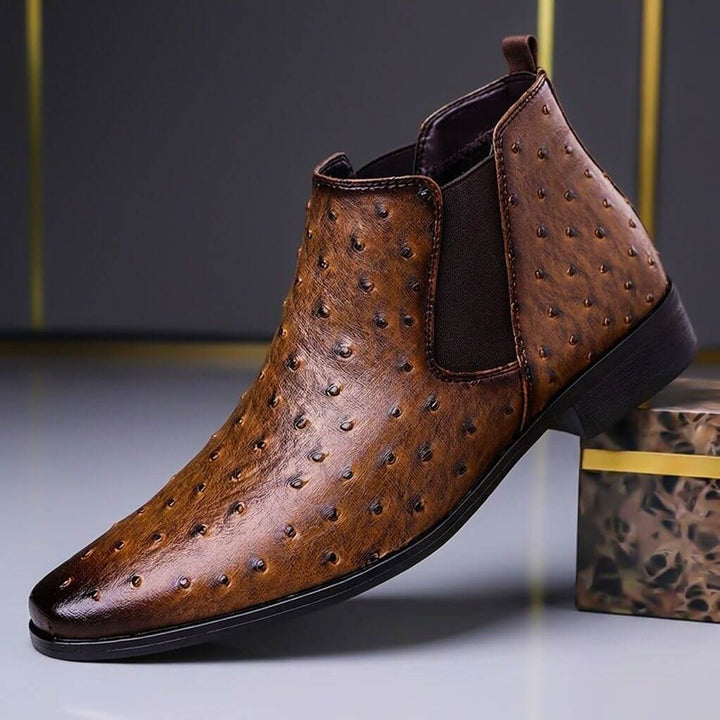 Leo | Men's Ostrich-Embossed Leather Chelsea Ankle Boots Slip-On