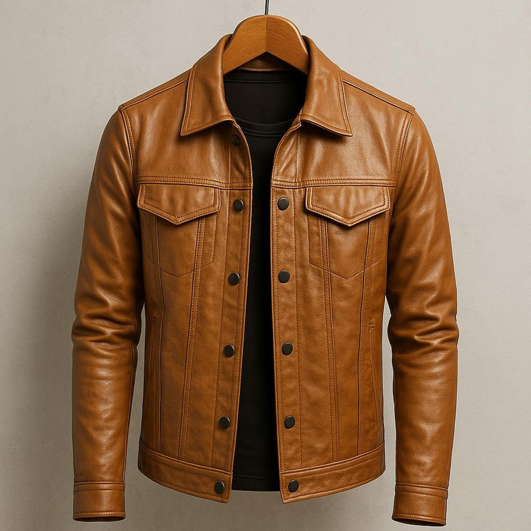 Noah | Men's Premium Leather Trucker Jacket Snap Closure Mens Coats