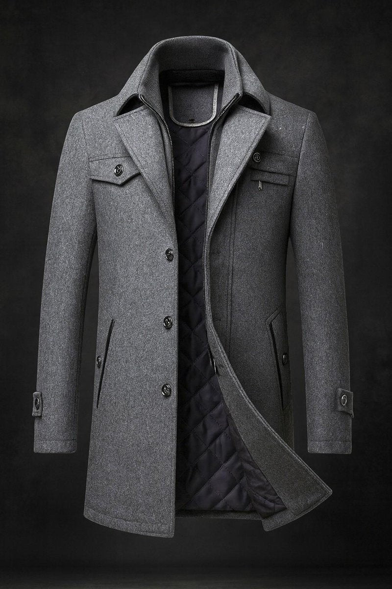 Oscar | Mens Quilted-Lined Double-Collar Tailored Wool Overcoat