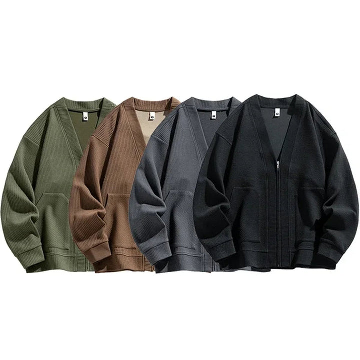 Muhammad | Men's Relaxed-Fit Ribbed Zip-Up Cardigan Jumper Dropped-Shoulder