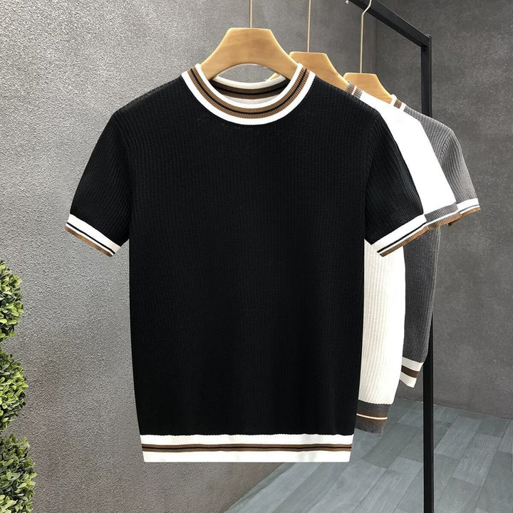 Freddie | Men's Ribbed Cotton Crew Neck Jumper Striped Trims
