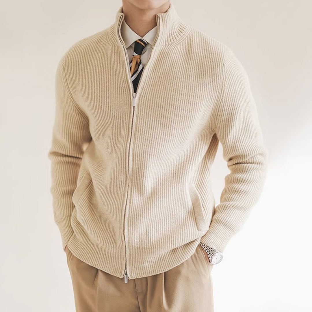 Jacob | Men's Ribbed-Knit Full-Zip Cardigan Jumper Stand Collar