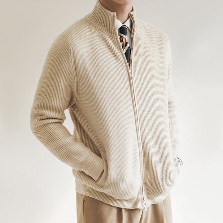 Jacob | Men's Ribbed-Knit Full-Zip Cardigan Jumper Stand Collar