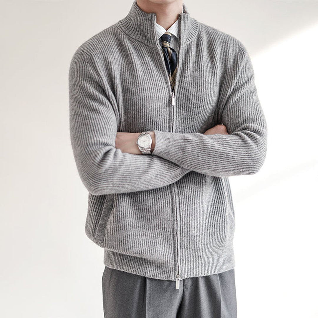 Jacob | Men's Ribbed-Knit Full-Zip Cardigan Jumper Stand Collar
