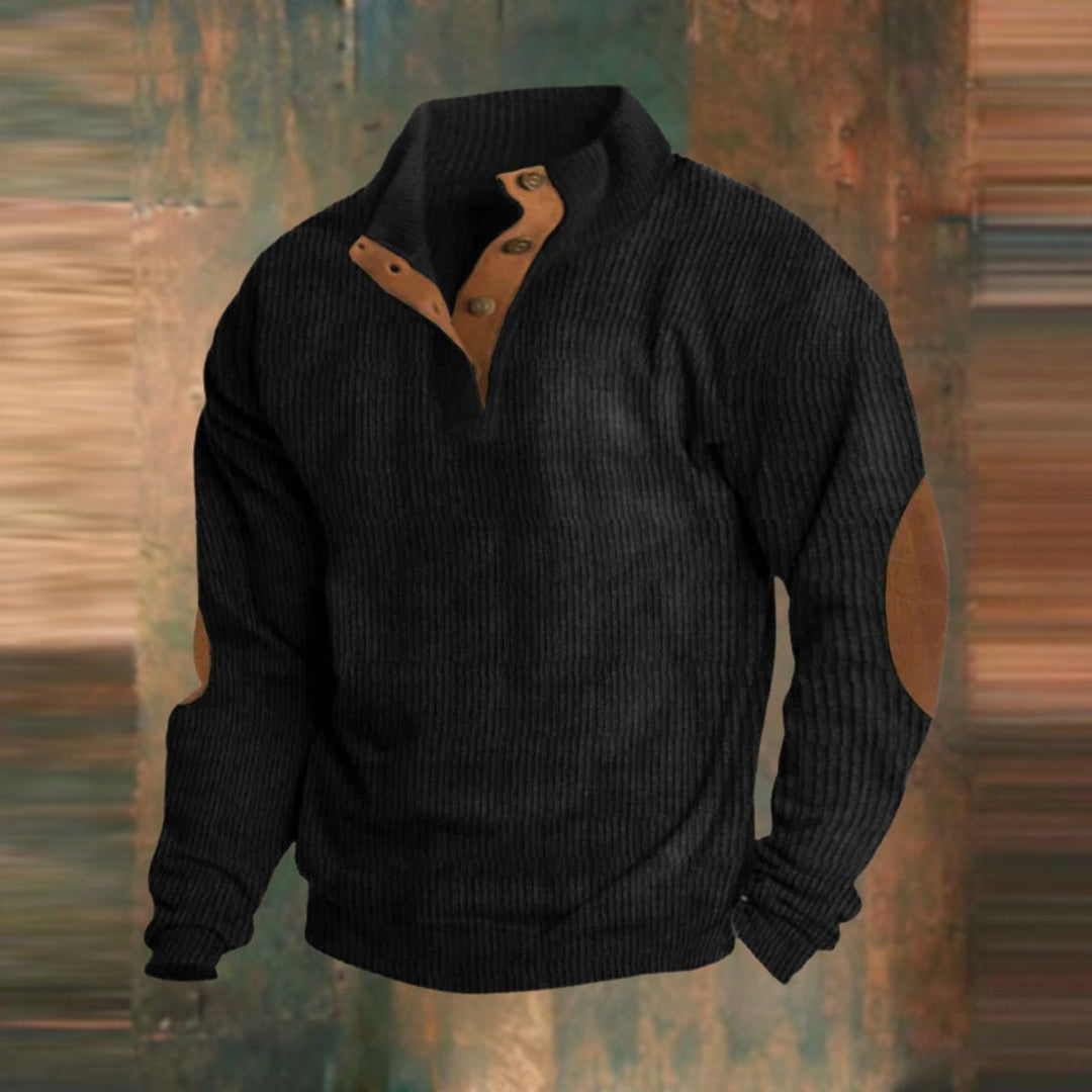Muhammad | Men's Ribbed Knitted Polo Jumper Button Collar Elbow Patches
