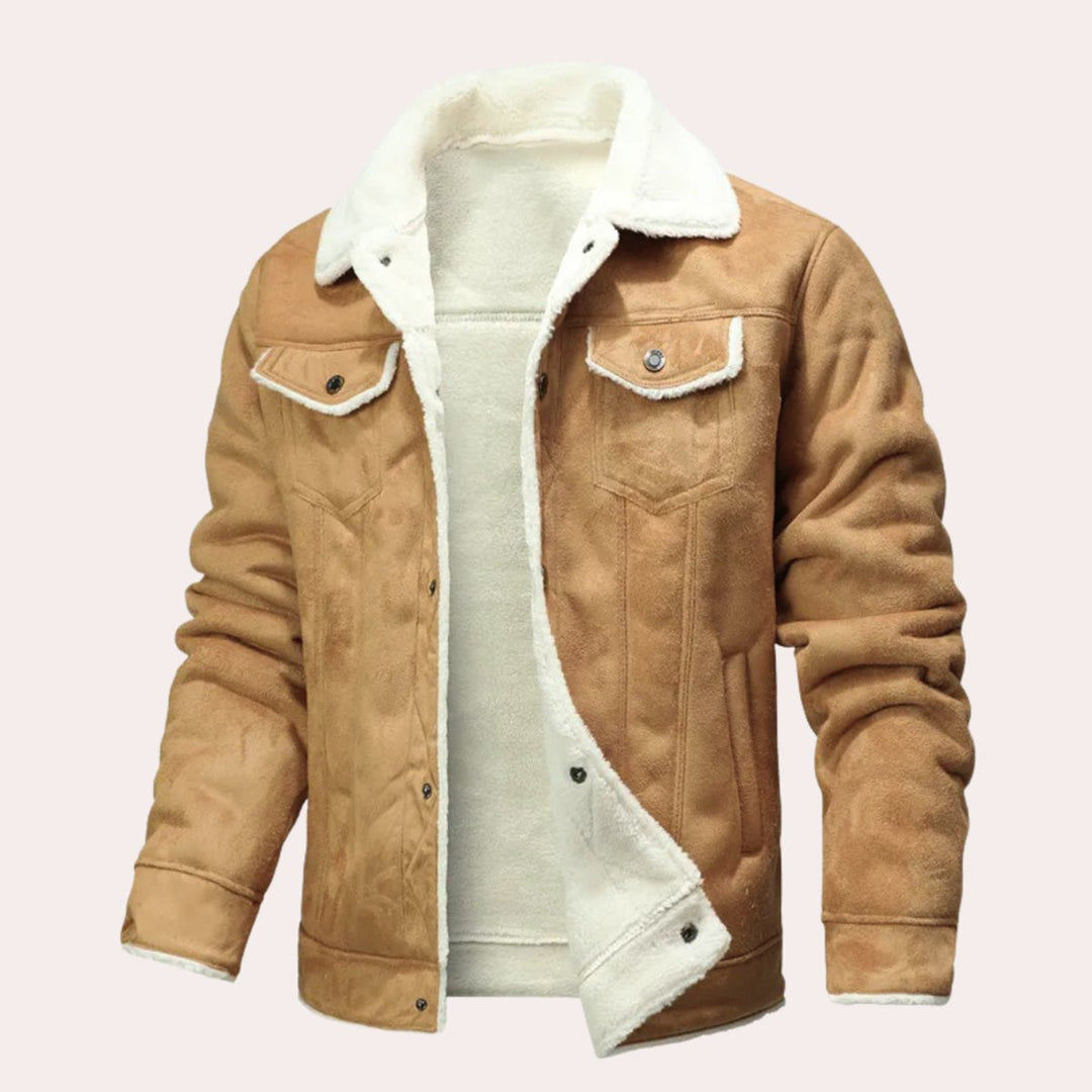 Theo | Mens Shearling-Lined Suede-Effect Winter Jacket Fleece Collar Coat
