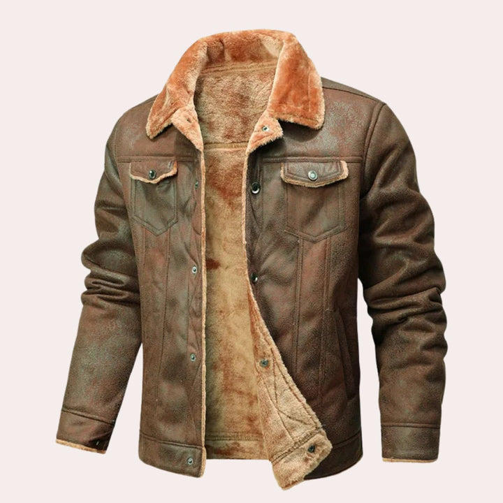 Theo | Mens Shearling-Lined Suede-Effect Winter Jacket Fleece Collar Coat