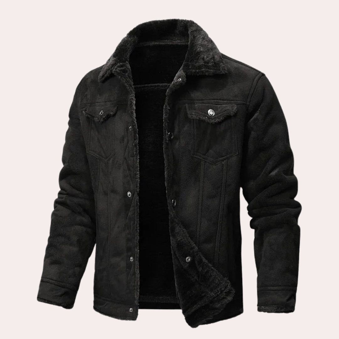 Theo | Mens Shearling-Lined Suede-Effect Winter Jacket Fleece Collar Coat