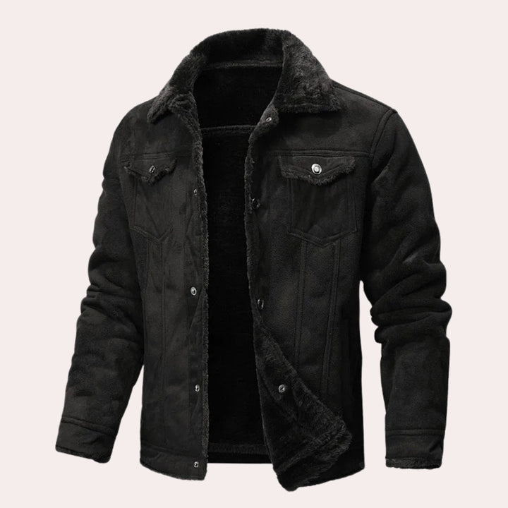 Theo | Mens Shearling-Lined Suede-Effect Winter Jacket Fleece Collar Coat
