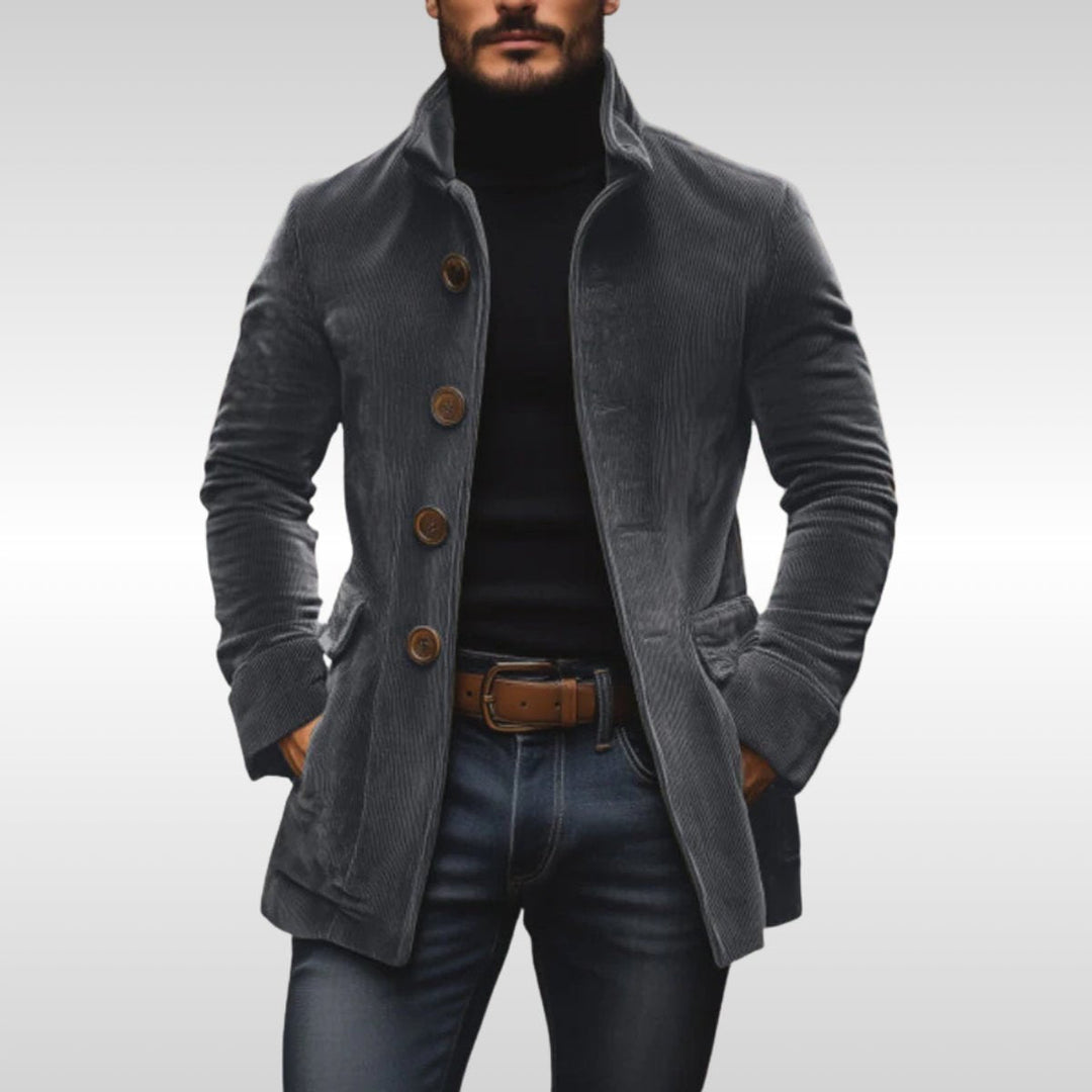 Jacob | Mens Slim-Fit Corduroy Stand-Collar Overcoat Wooden-Button Jacket