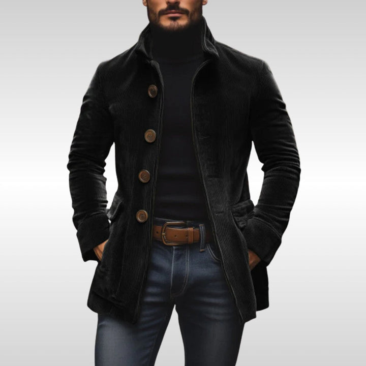 Jacob | Mens Slim-Fit Corduroy Stand-Collar Overcoat Wooden-Button Jacket