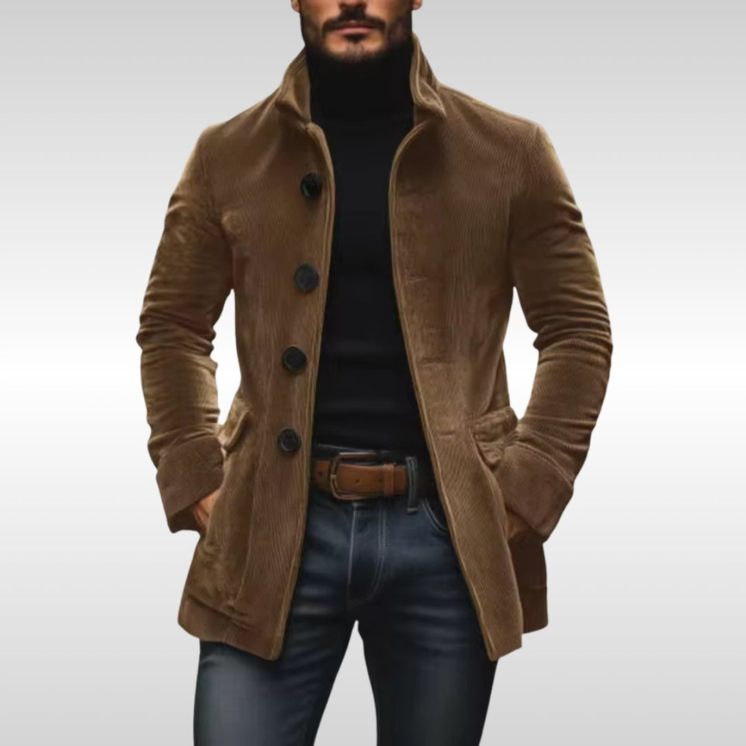 Jacob | Mens Slim-Fit Corduroy Stand-Collar Overcoat Wooden-Button Jacket