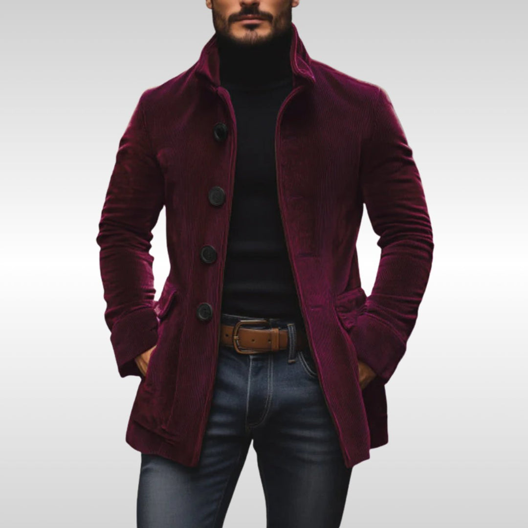 Jacob | Mens Slim-Fit Corduroy Stand-Collar Overcoat Wooden-Button Jacket