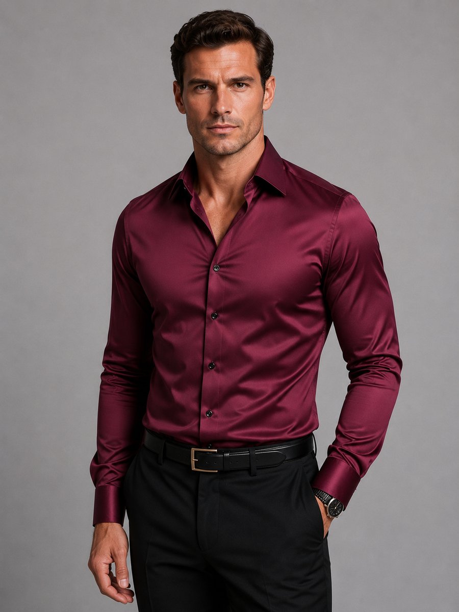 Oscar | Men's Slim Fit Satin-Feel Stretch Shirt Long Sleeve