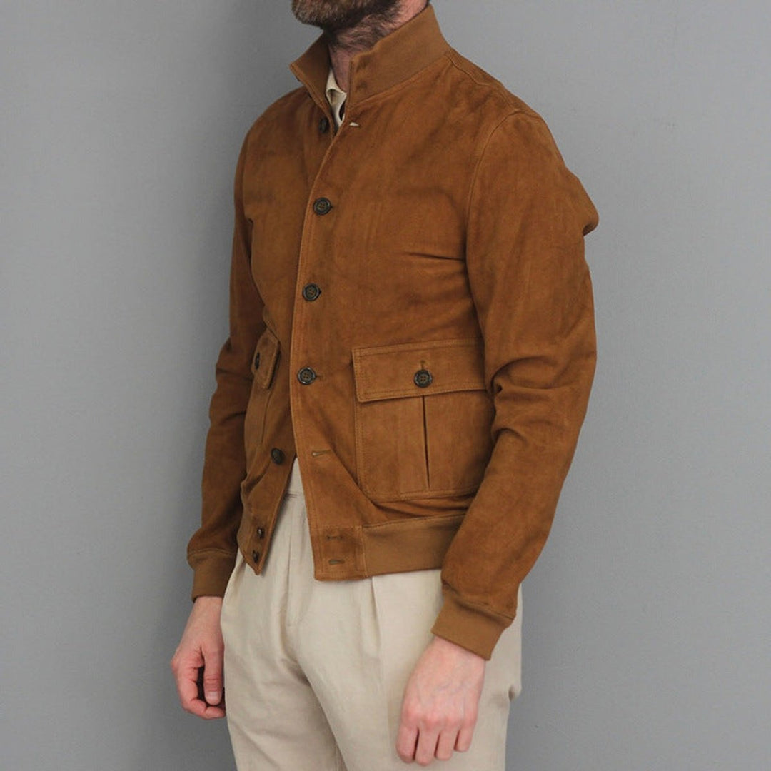 Archie | Men's Slim-Fit Suede Bomber Jacket Stand Collar Button-Front