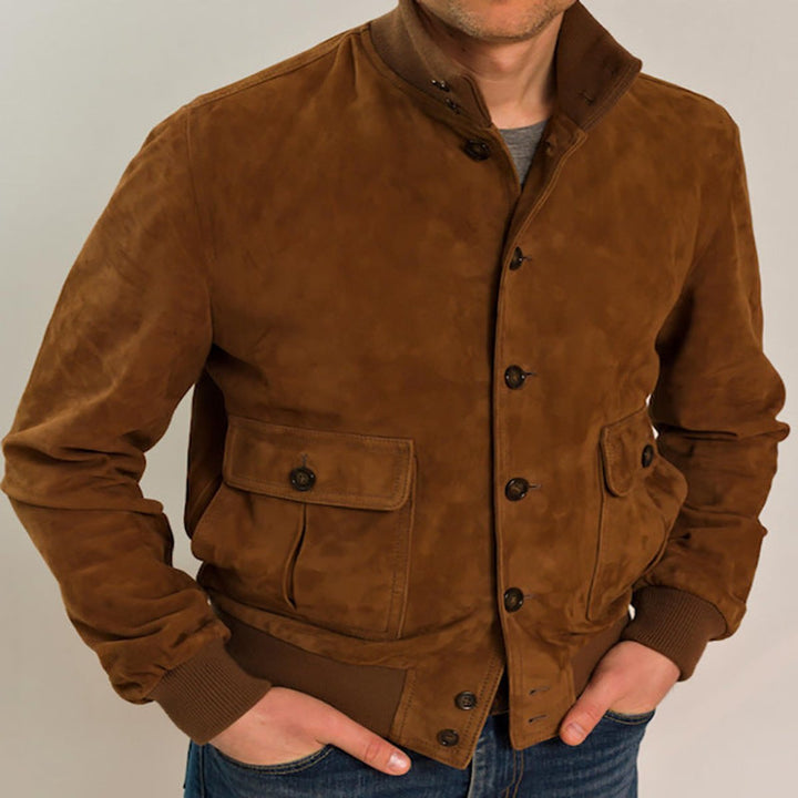 Archie | Men's Slim-Fit Suede Bomber Jacket Stand Collar Button-Front