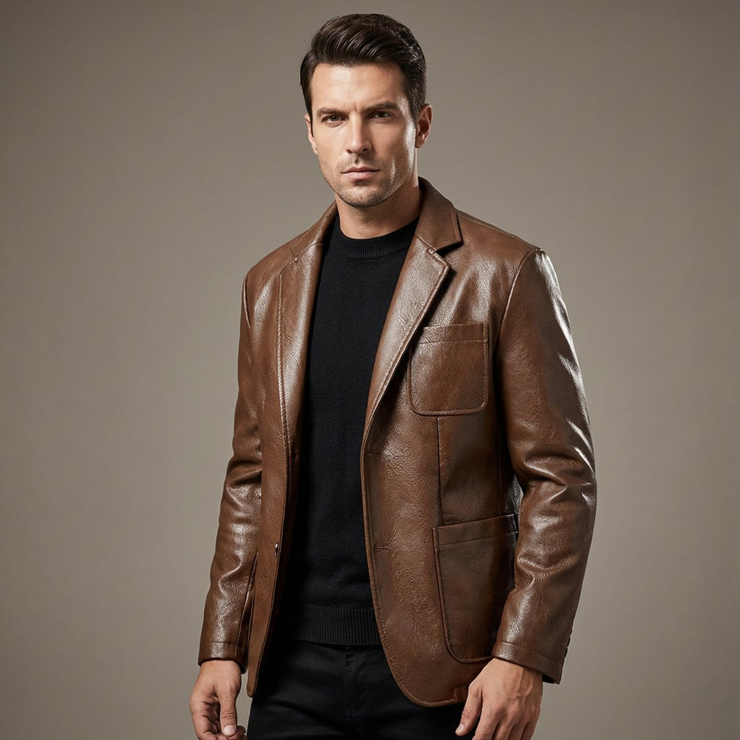 Edward | Men's Tailored Vegan Leather Blazer Jacket Notch Lapel