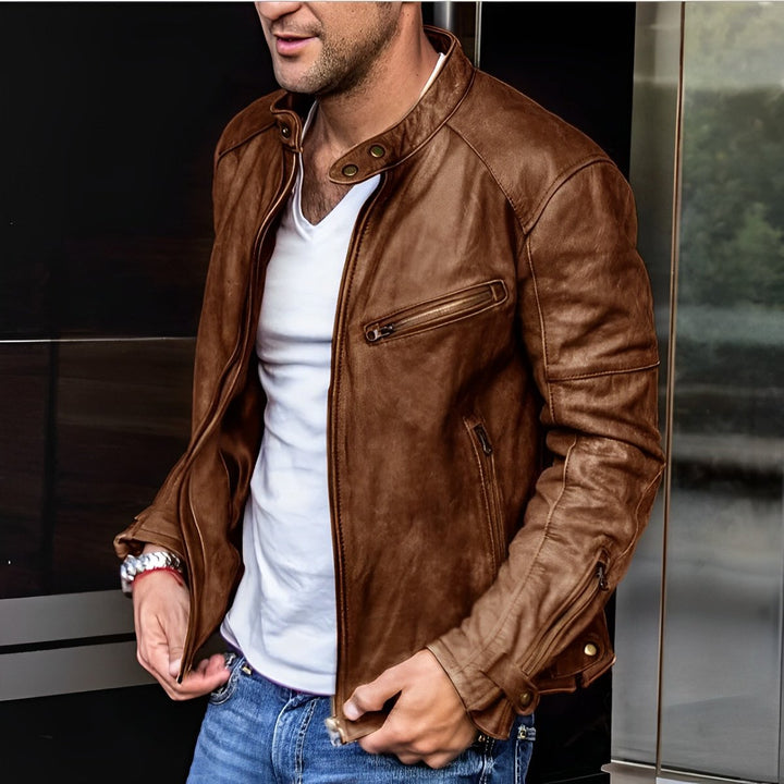 Oliver | Men's Vintage Faux Leather Biker Jacket Stand-Up Collar