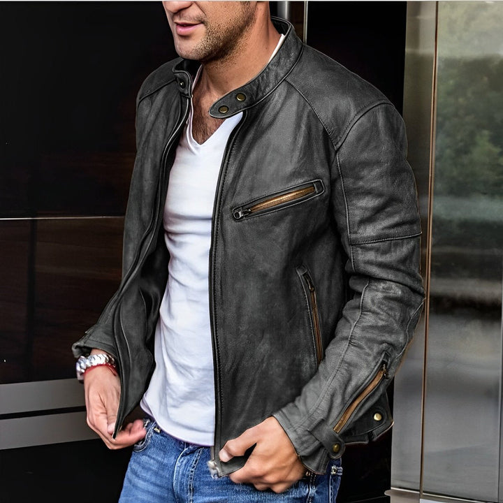 Oliver | Men's Vintage Faux Leather Biker Jacket Stand-Up Collar