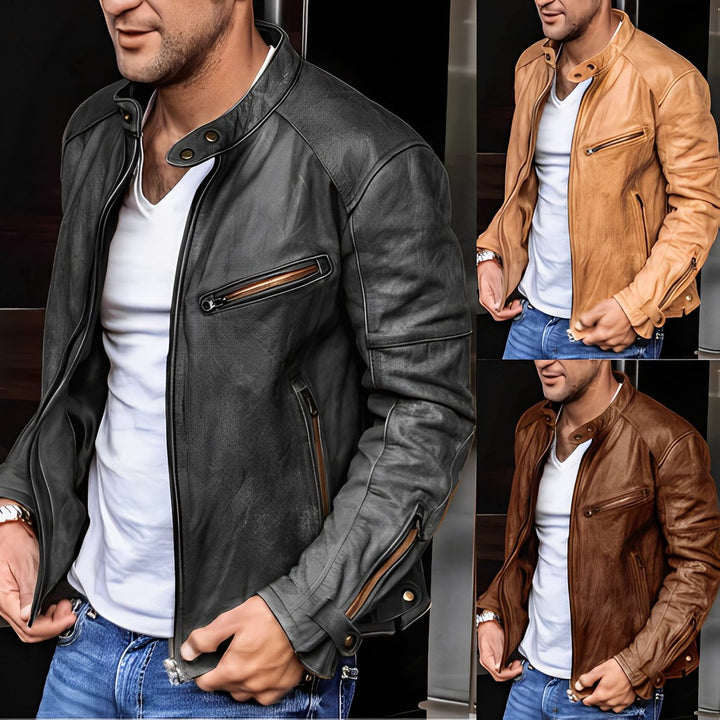 Oliver | Men's Vintage Faux Leather Biker Jacket Stand-Up Collar