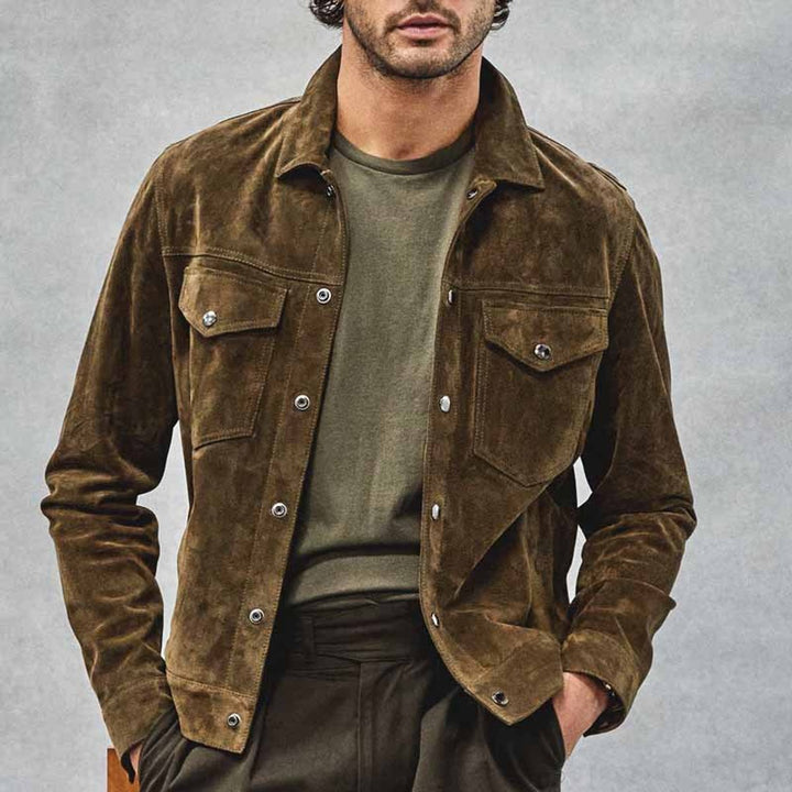 Thomas | Men's Vintage Suede Bomber Jacket Chest Pockets Button-Up