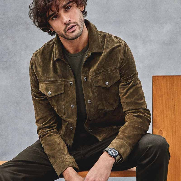 Thomas | Men's Vintage Suede Bomber Jacket Chest Pockets Button-Up