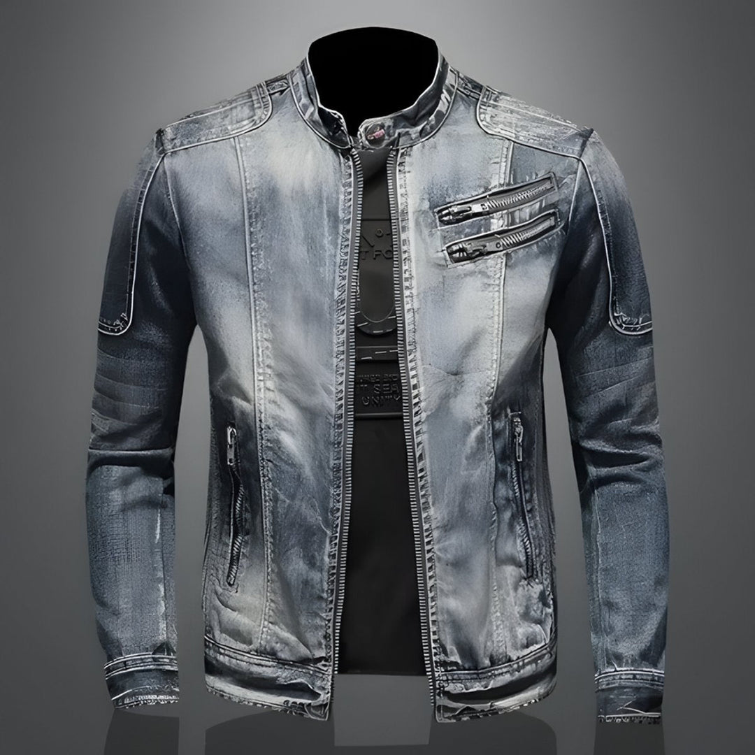 Leo | Men's Vintage Wash Retro Denim Bomber Jacket Tailored Fit