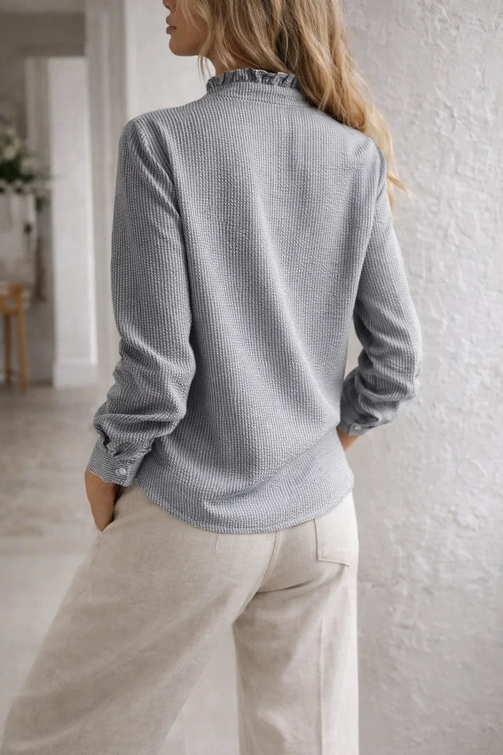 Molly | Women's Ruffle Front Blouse Mandarin Collar Long Sleeve