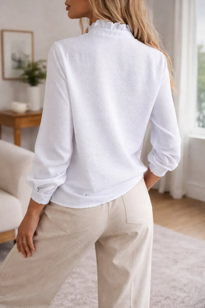 Molly | Women's Ruffle Front Blouse Mandarin Collar Long Sleeve