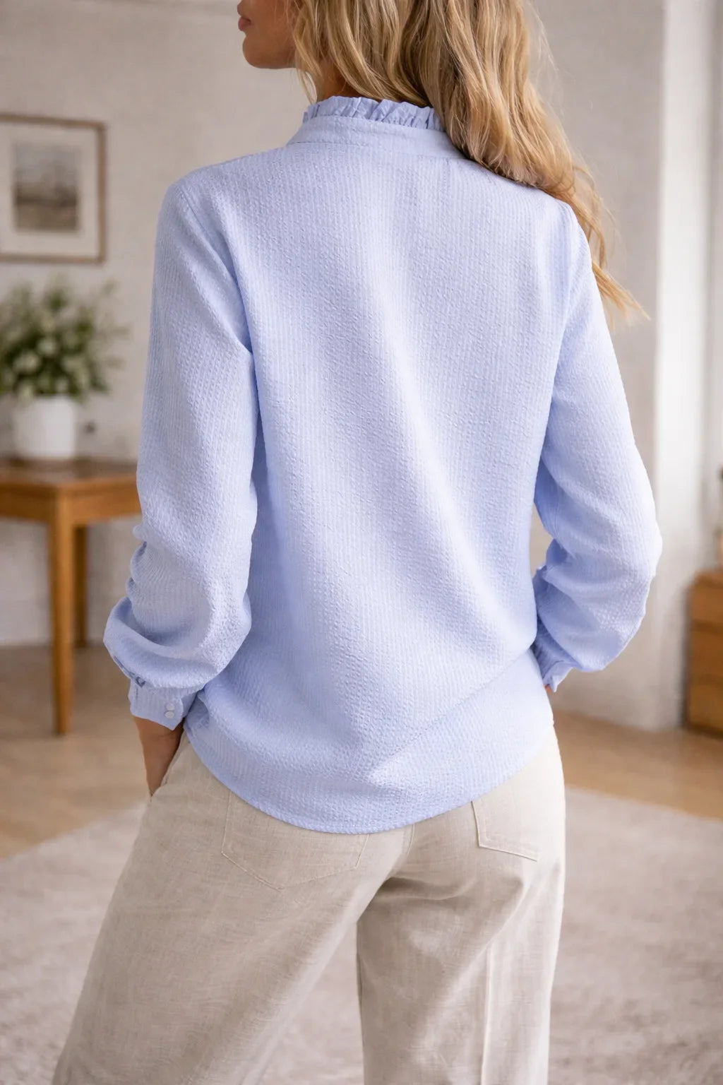 Molly | Women's Ruffle Front Blouse Mandarin Collar Long Sleeve