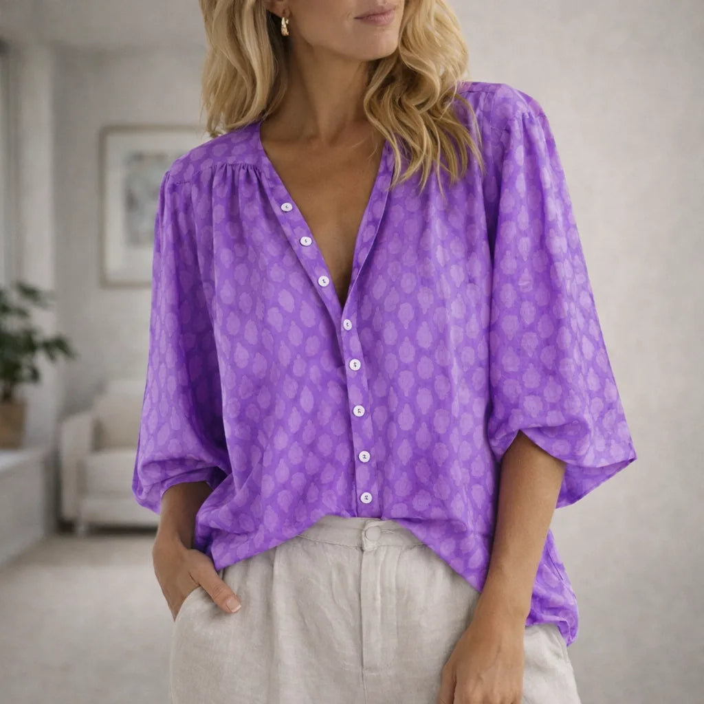 Martha | Women's V-Neck Blouse Button Front 3/4 Sleeve Print