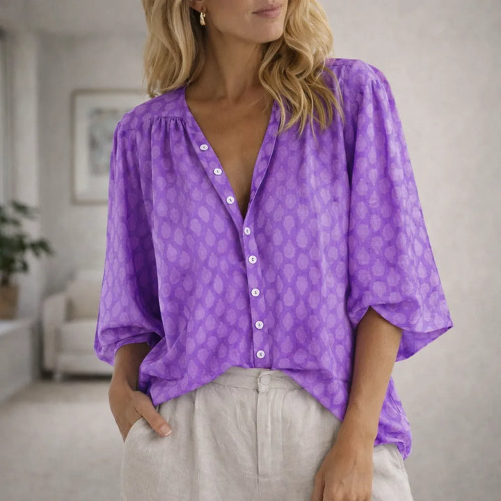 Martha | Women's V-Neck Blouse Button Front 3/4 Sleeve Print