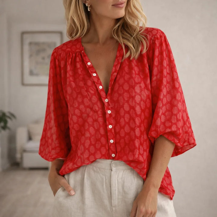 Martha | Women's V-Neck Blouse Button Front 3/4 Sleeve Print