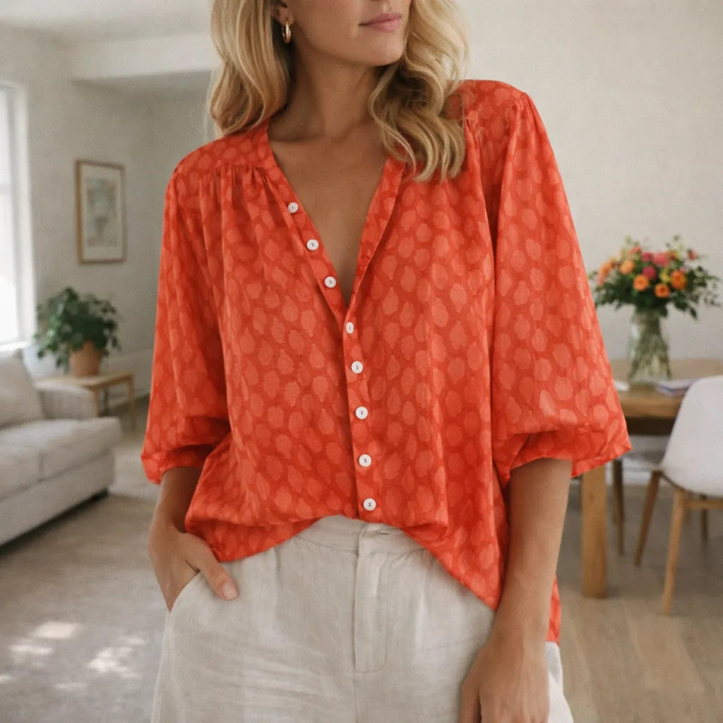 Martha | Women's V-Neck Blouse Button Front 3/4 Sleeve Print