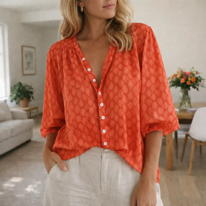 Martha | Women's V-Neck Blouse Button Front 3/4 Sleeve Print