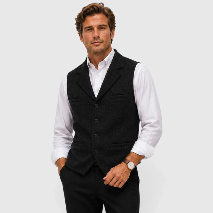 Leo | Men's Herringbone Waistcoat Wool Blend Slim Fit V-Neck Lapel