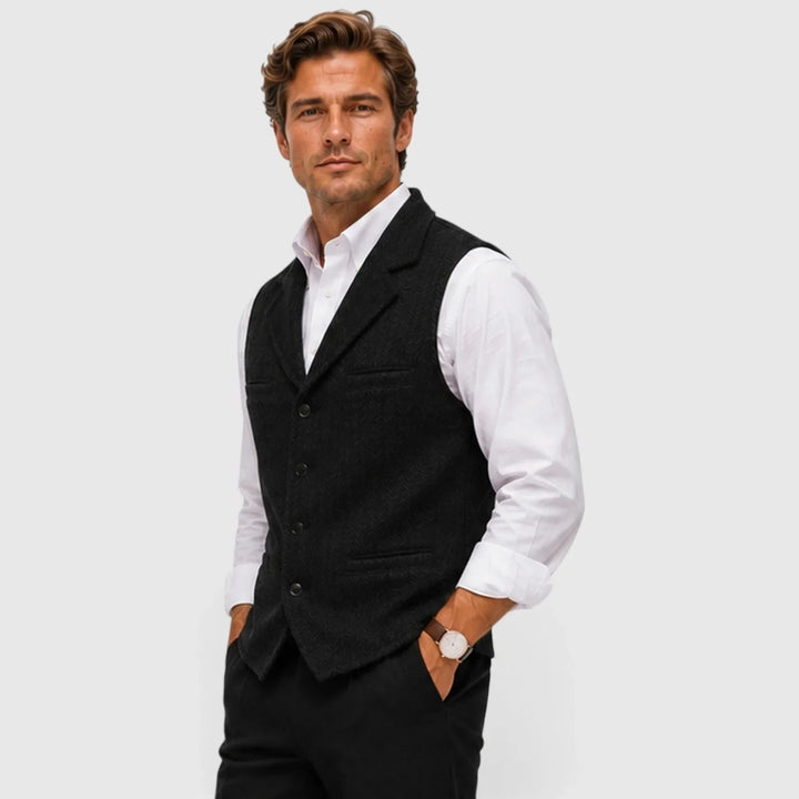 Leo | Men's Herringbone Waistcoat Wool Blend Slim Fit V-Neck Lapel