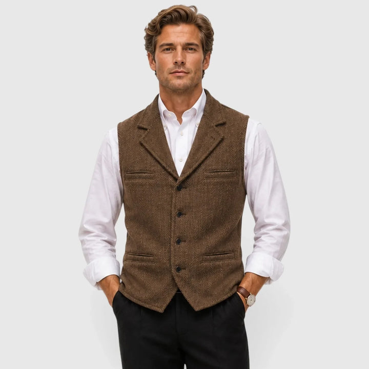Leo | Men's Herringbone Waistcoat Wool Blend Slim Fit V-Neck Lapel