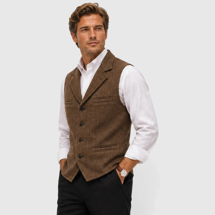 Leo | Men's Herringbone Waistcoat Wool Blend Slim Fit V-Neck Lapel
