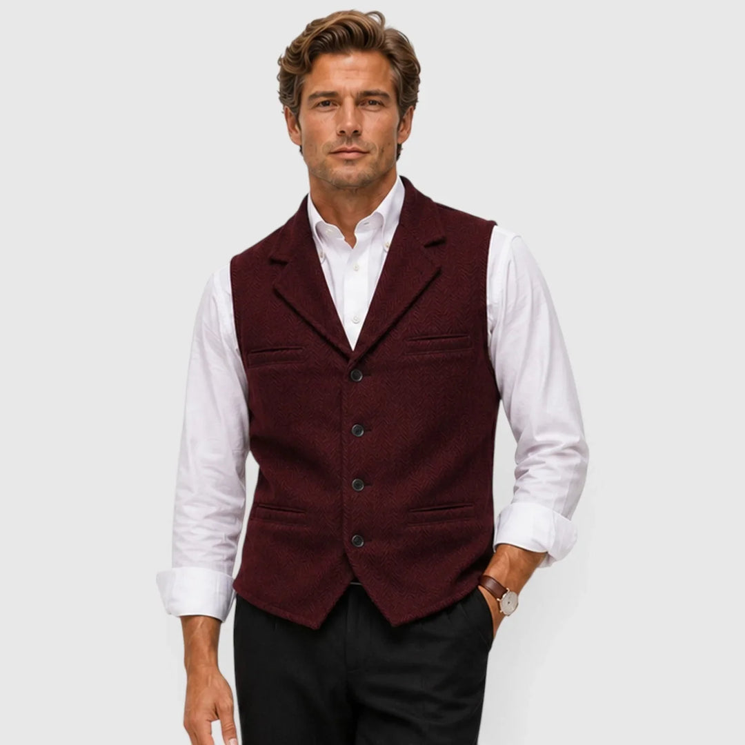 Leo | Men's Herringbone Waistcoat Wool Blend Slim Fit V-Neck Lapel