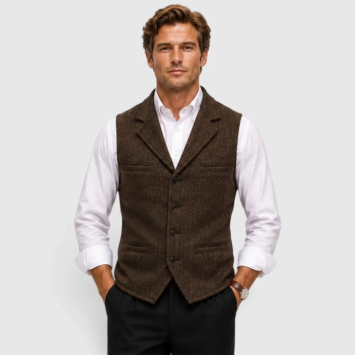Leo | Men's Herringbone Waistcoat Wool Blend Slim Fit V-Neck Lapel