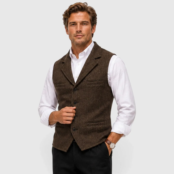 Leo | Men's Herringbone Waistcoat Wool Blend Slim Fit V-Neck Lapel