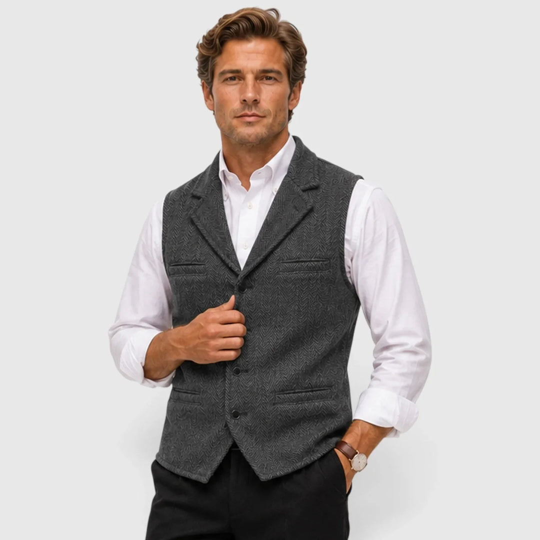 Leo | Men's Herringbone Waistcoat Wool Blend Slim Fit V-Neck Lapel