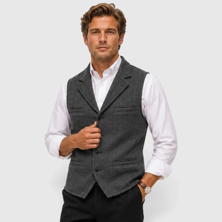 Leo | Men's Herringbone Waistcoat Wool Blend Slim Fit V-Neck Lapel