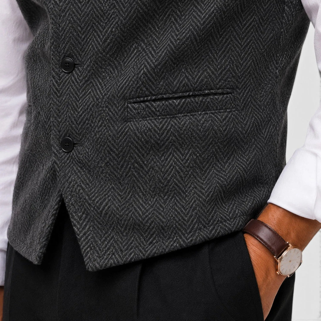 Leo | Men's Herringbone Waistcoat Wool Blend Slim Fit V-Neck Lapel